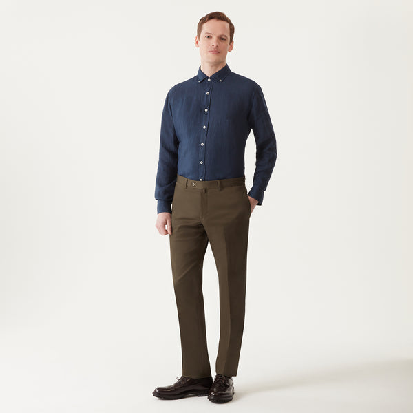 navy blue shirt and khaki pants