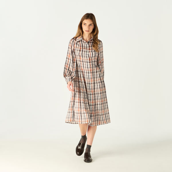 PENCIL HOUSE CHECK GATHERED SHIRT DRESS