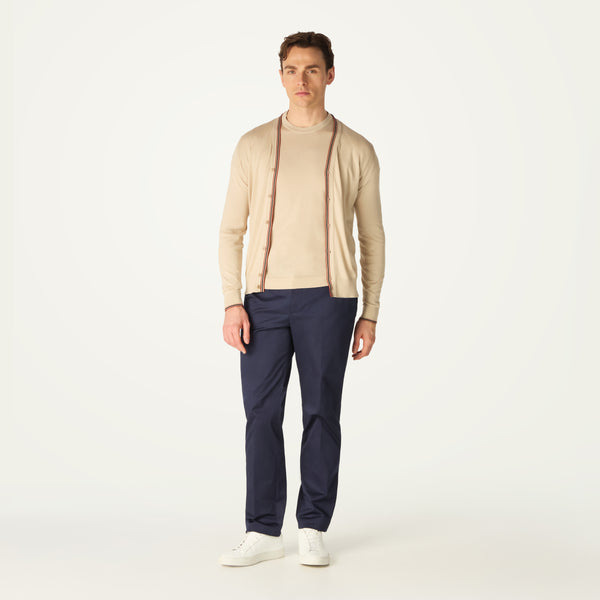 DAKS X JOHN SMEDLEY HOUSE STRIPE CARDIGAN - ALMOND