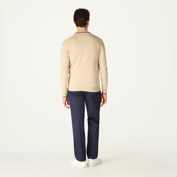 DAKS X JOHN SMEDLEY HOUSE STRIPE CARDIGAN - ALMOND