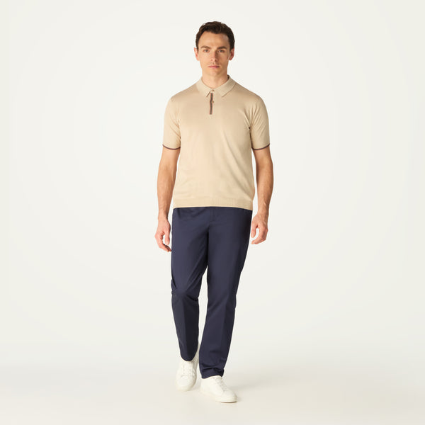 DAKS X JOHN SMEDLEY HOUSE STRIPE POLO SHIRT - ALMOND