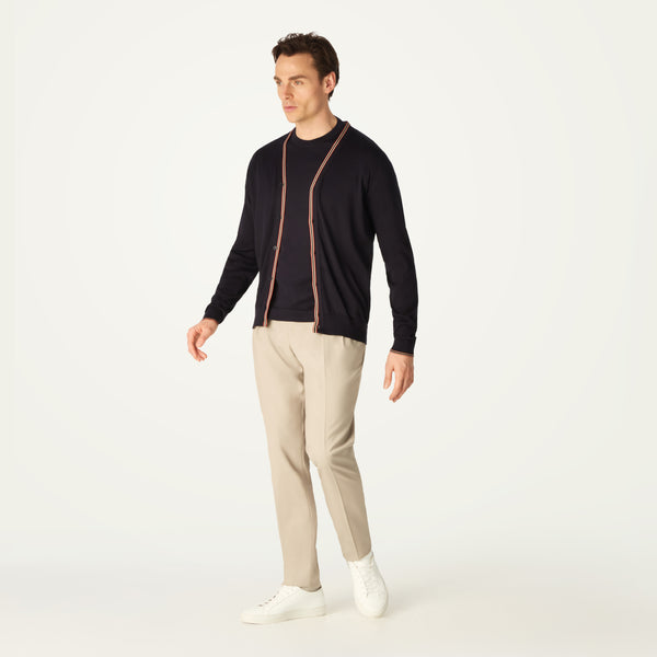 DAKS X JOHN SMEDLEY HOUSE STRIPE CARDIGAN - NAVY