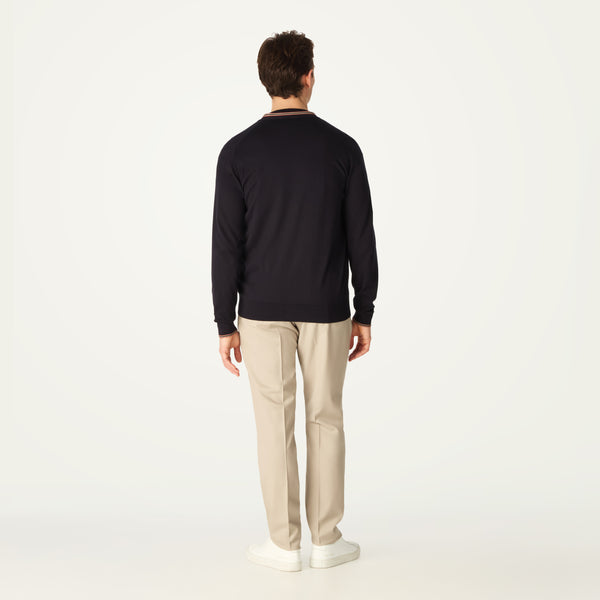 DAKS X JOHN SMEDLEY HOUSE STRIPE CARDIGAN - NAVY