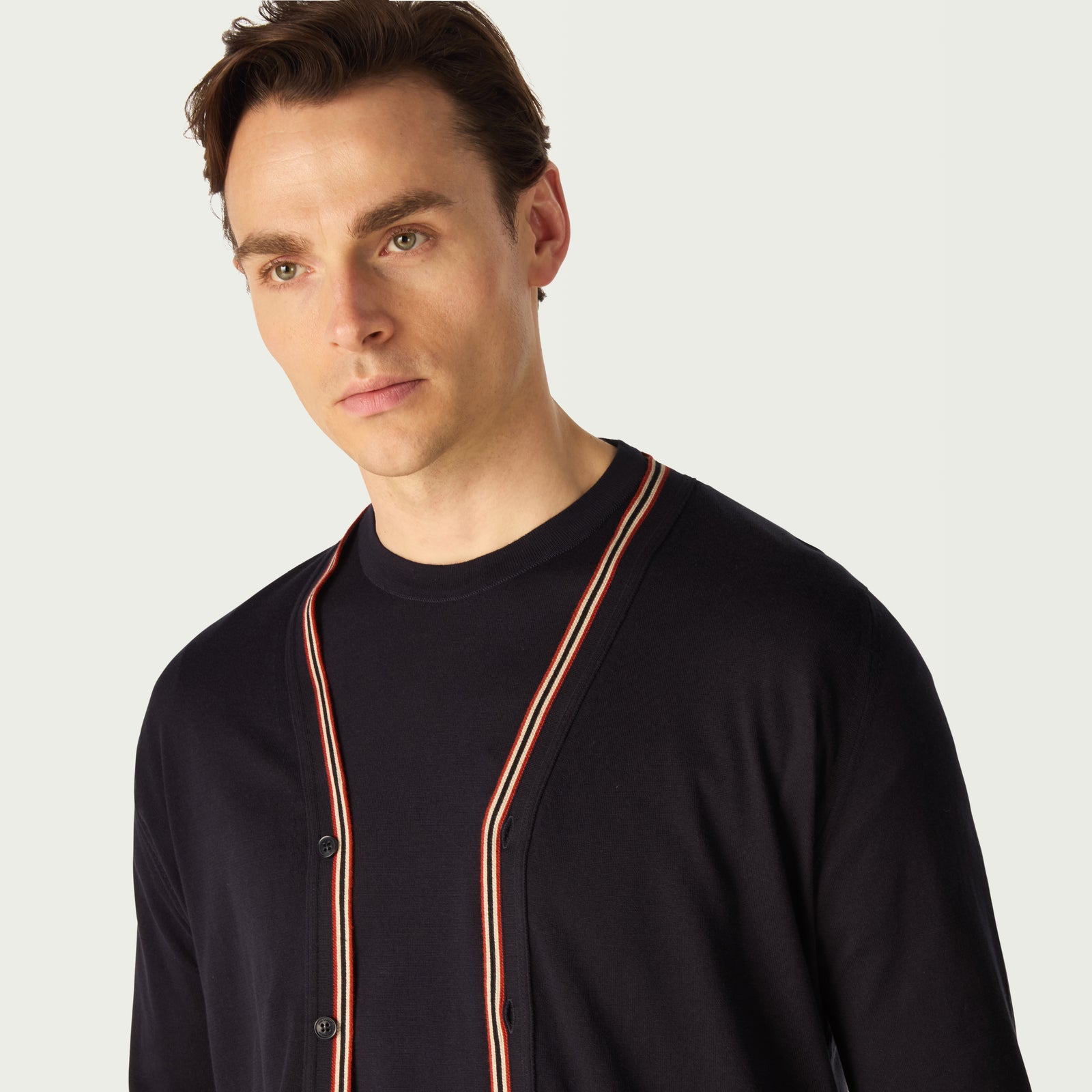 DAKS X JOHN SMEDLEY HOUSE STRIPE CARDIGAN - NAVY