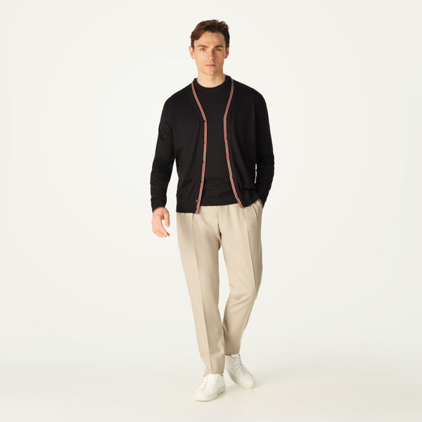 DAKS X JOHN SMEDLEY HOUSE STRIPE CARDIGAN - BLACK