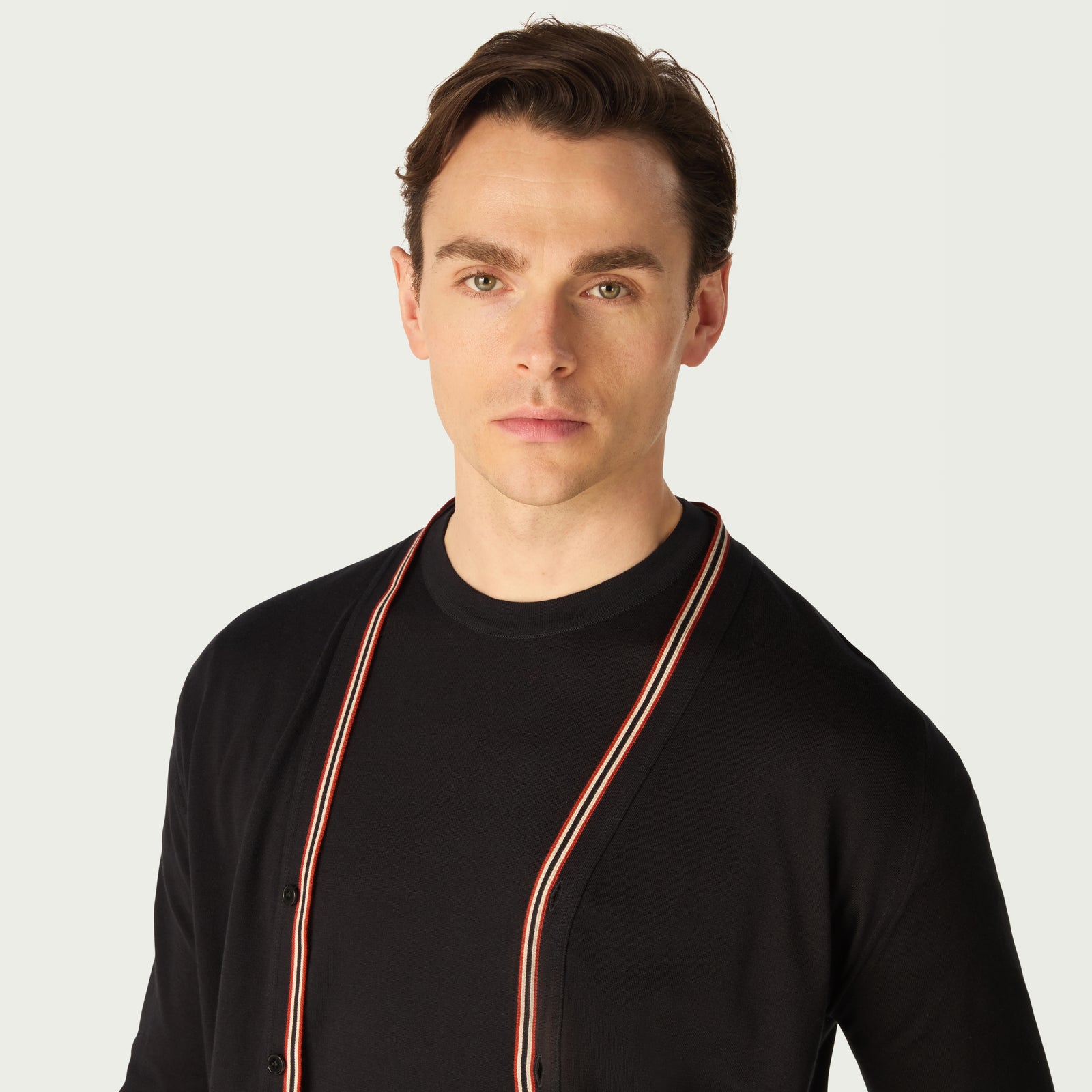 DAKS X JOHN SMEDLEY HOUSE STRIPE CARDIGAN - BLACK