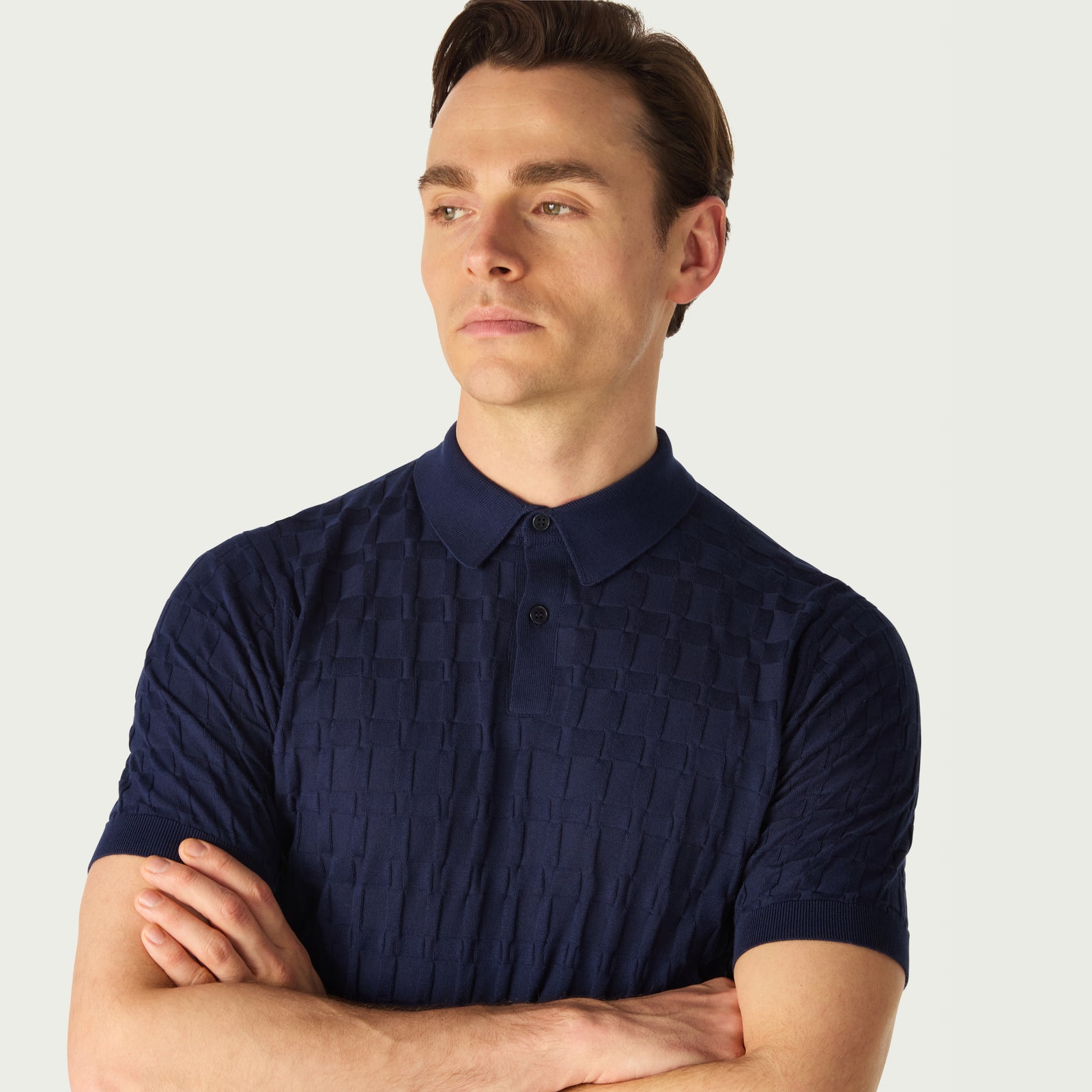 DAKS X JOHN SMEDLEY HOUSECHECK POLO SHIRT - NAVY