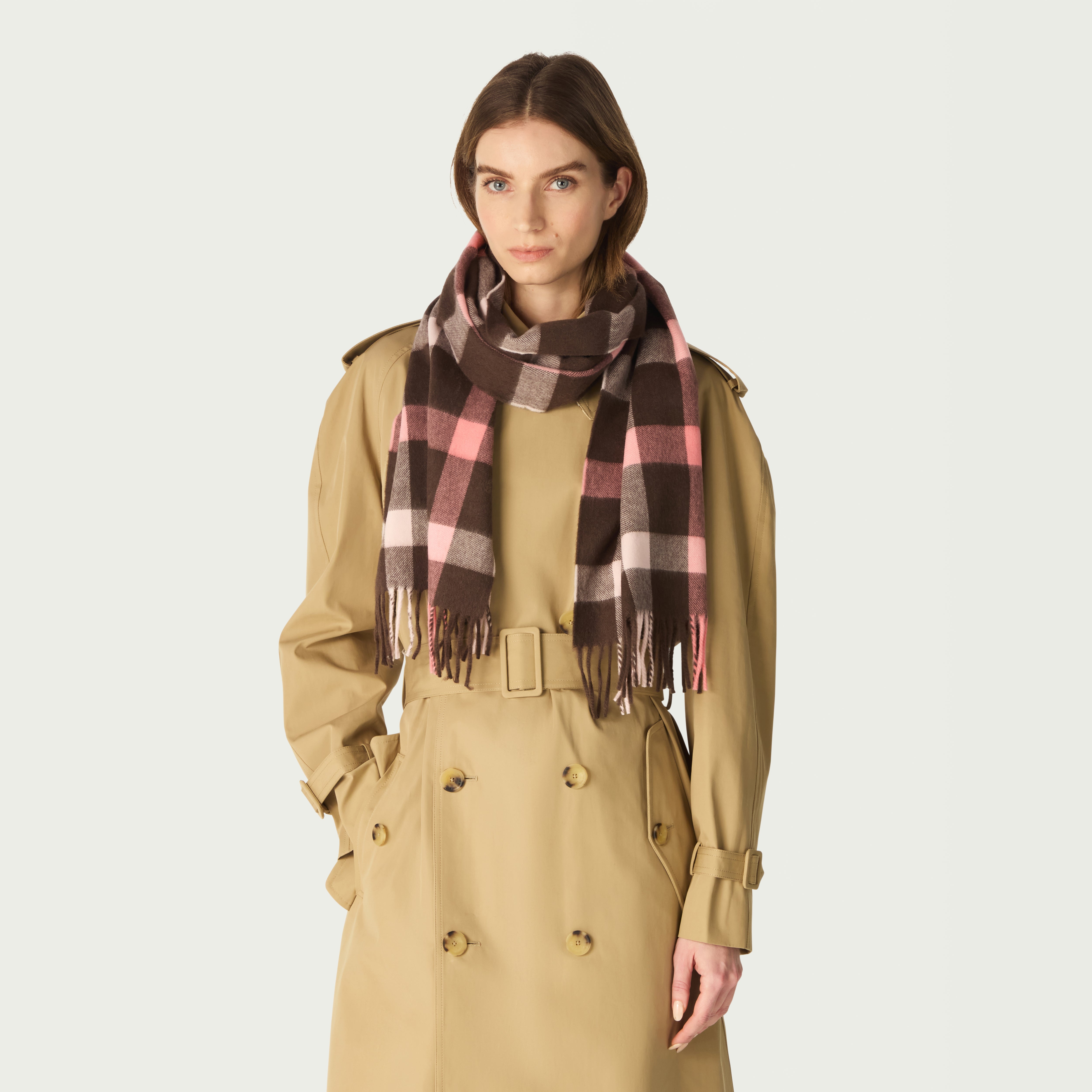 ★DAKS★ CENTENARY CHECK Centenary Check Brown Cowhide Half SEASONAL CHECK SCARF – PINK & BROWN – DAKS