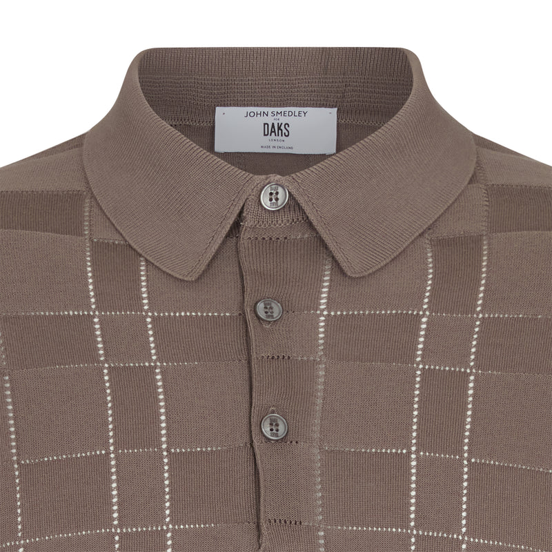DAKS X JOHN SMEDLEY POINTELLE HOUSECHECK POLO SHIRT - BEIGE