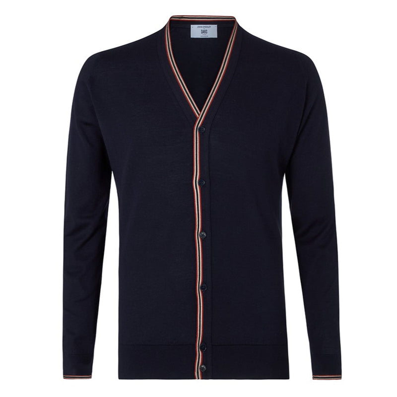 DAKS X JOHN SMEDLEY HOUSE STRIPE CARDIGAN - NAVY