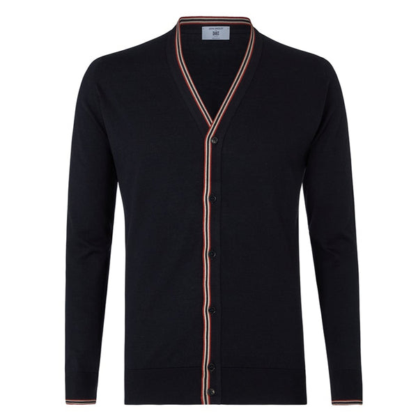 DAKS X JOHN SMEDLEY HOUSE STRIPE CARDIGAN - BLACK