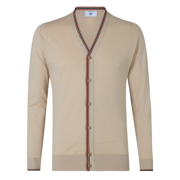 DAKS X JOHN SMEDLEY HOUSE STRIPE CARDIGAN - ALMOND