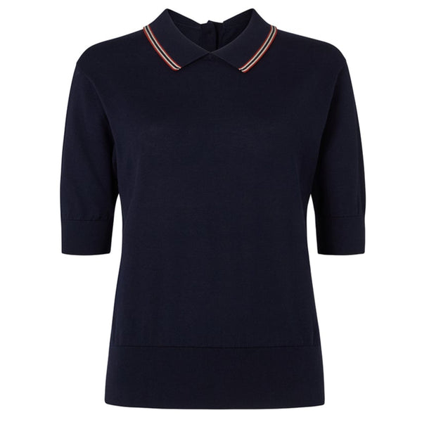 DAKS X JOHN SMEDLEY HOUSE STRIPE COLLARED TOP - NAVY