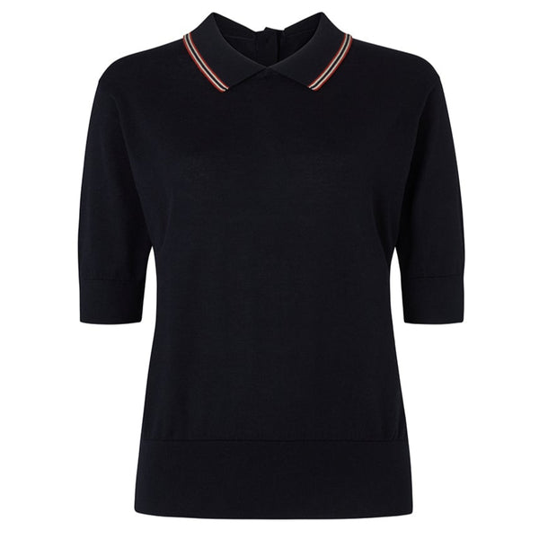 DAKS X JOHN SMEDLEY HOUSE STRIPE COLLARED TOP - BLACK