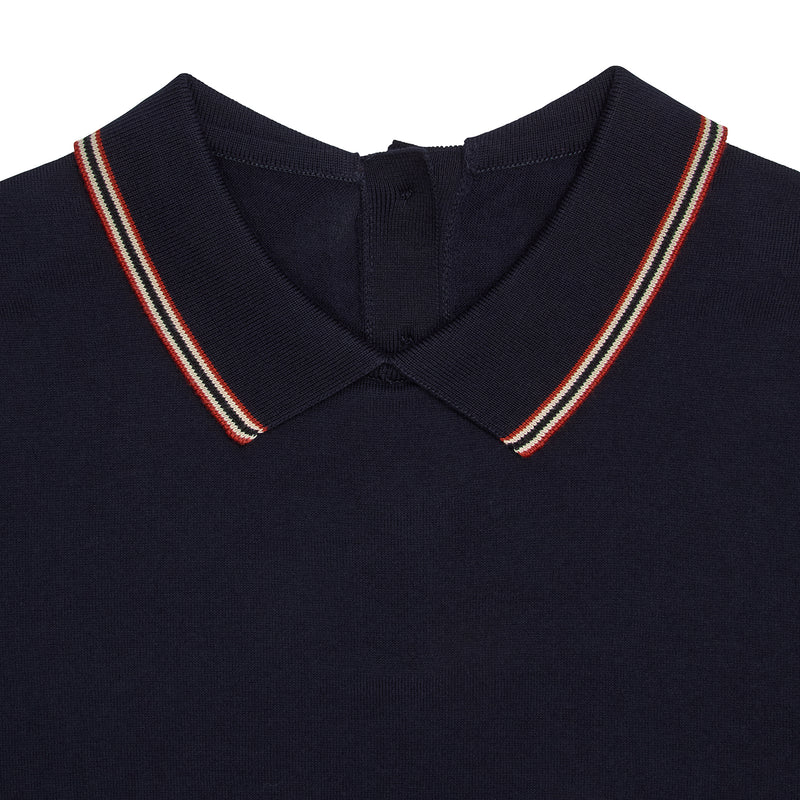 DAKS X JOHN SMEDLEY HOUSE STRIPE COLLARED TOP - NAVY