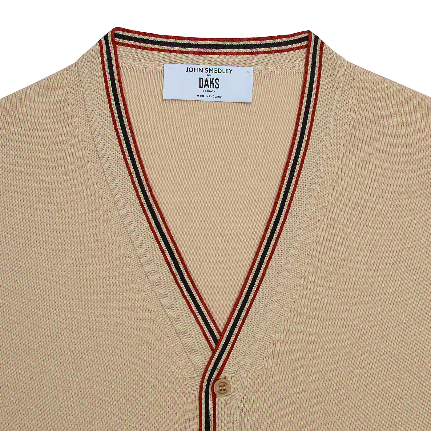 DAKS X JOHN SMEDLEY HOUSE STRIPE CARDIGAN - ALMOND