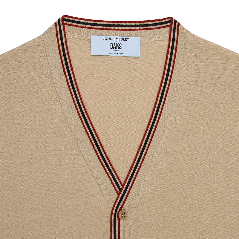 DAKS X JOHN SMEDLEY HOUSE STRIPE CARDIGAN - ALMOND