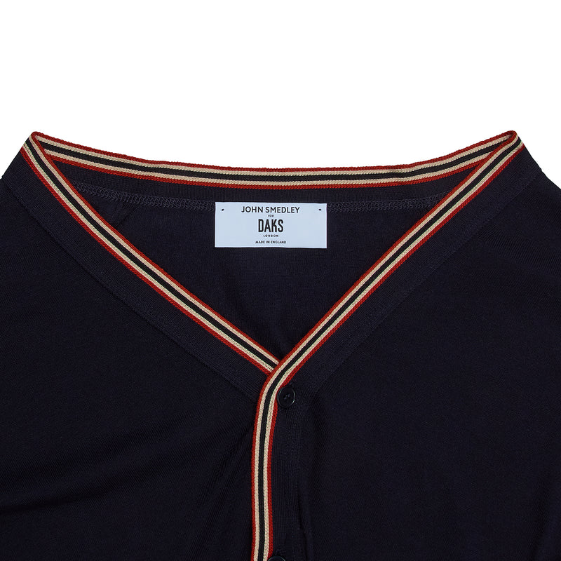 DAKS X JOHN SMEDLEY HOUSE STRIPE CARDIGAN - NAVY