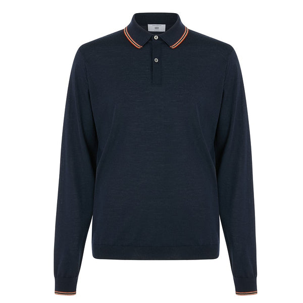 DAKS X JOHN SMEDLEY HOUSE STRIPE L/S POLO - MIDNIGHT BLUE