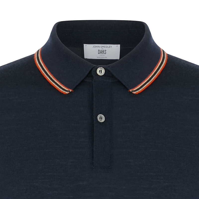 DAKS X JOHN SMEDLEY HOUSE STRIPE L/S POLO - MIDNIGHT BLUE