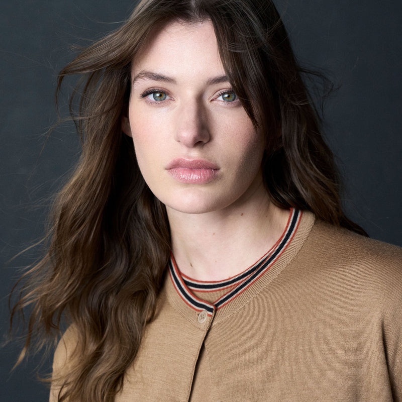 DAKS X JOHN SMEDLEY HOUSE STRIPE CARDIGAN - NUTMEG