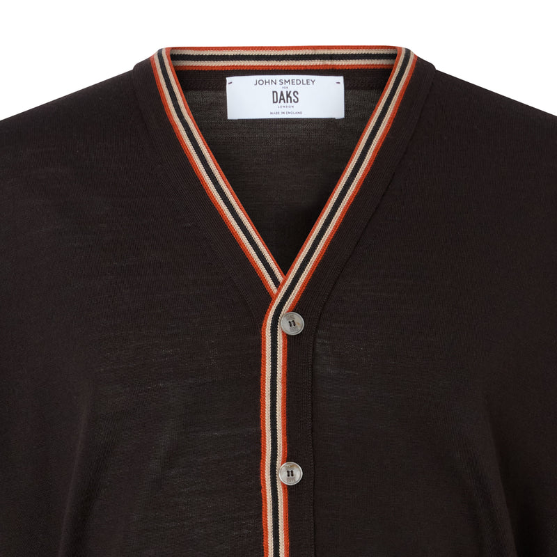 DAKS X JOHN SMEDLEY HOUSE STRIPE CARDIGAN - BROWN