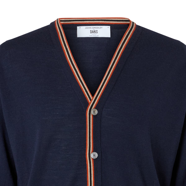 DAKS X JOHN SMEDLEY HOUSE STRIPE CARDIGAN - MIDNIGHT BLUE