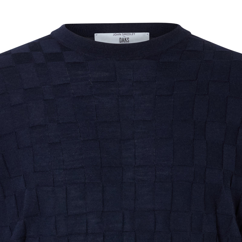 DAKS X JOHN SMEDLEY HOUSECHECK CREW NECK JUMPER - INDIGO