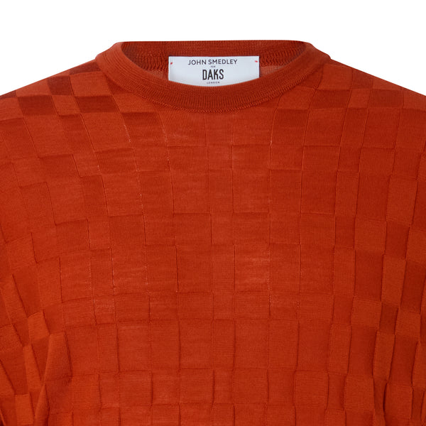DAKS X JOHN SMEDLEY HOUSECHECK CREW NECK JUMPER - ORANGE/RED