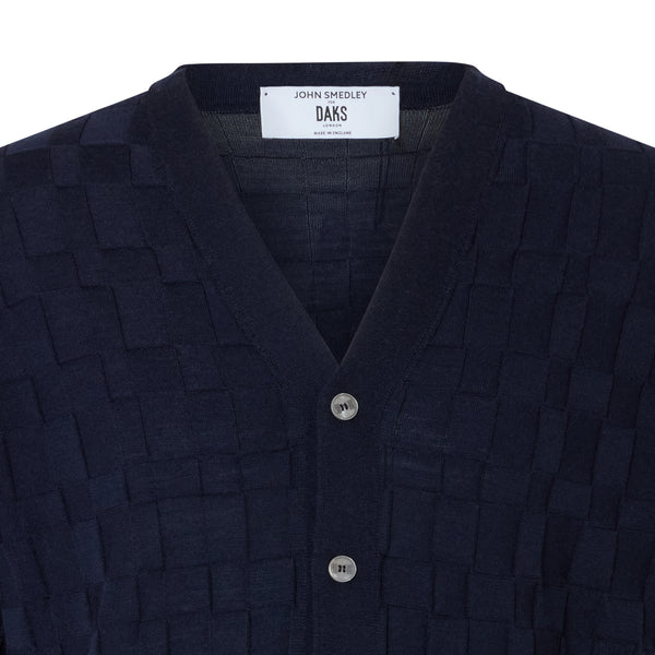 DAKS X JOHN SMEDLEY HOUSECHECK V NECK CARDIGAN - INDIGO