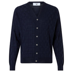 DAKS X JOHN SMEDLEY HOUSECHECK V NECK CARDIGAN - INDIGO