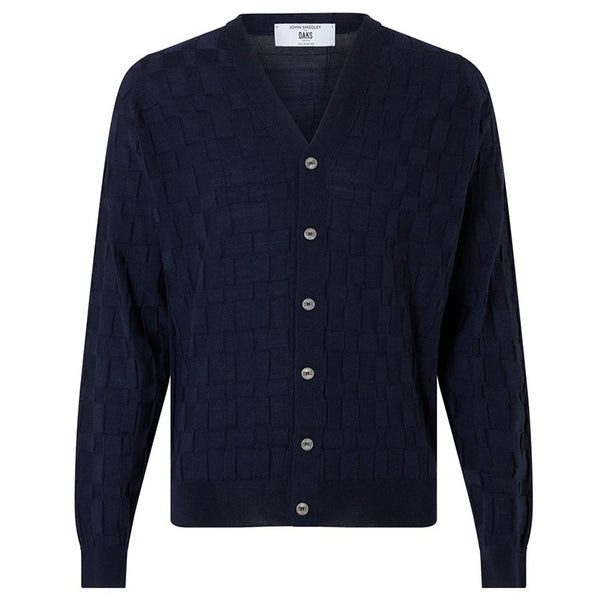 DAKS X JOHN SMEDLEY HOUSECHECK V NECK CARDIGAN - INDIGO