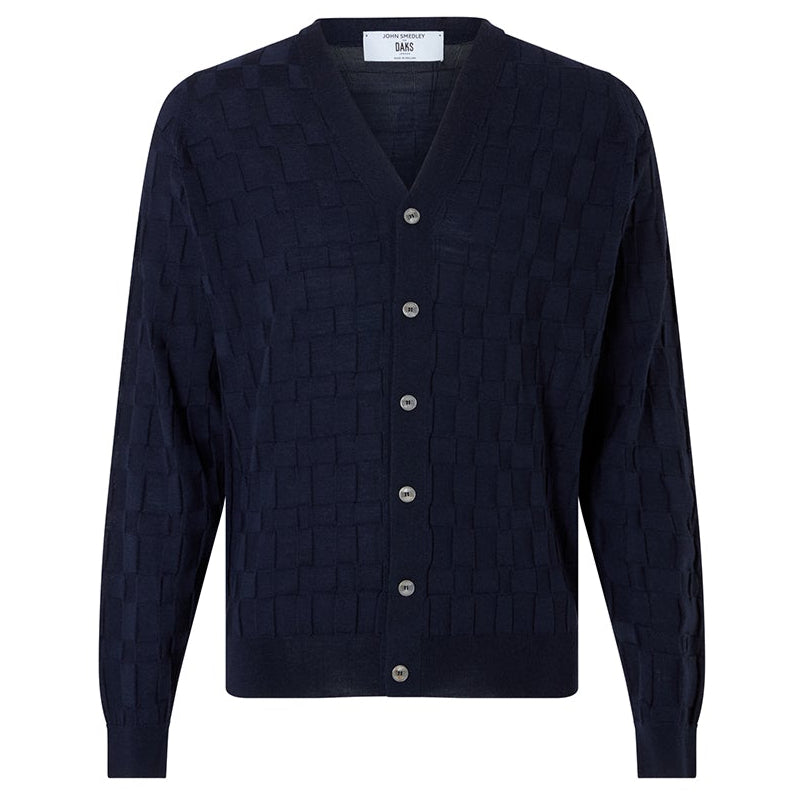 DAKS X JOHN SMEDLEY HOUSECHECK V NECK CARDIGAN - INDIGO