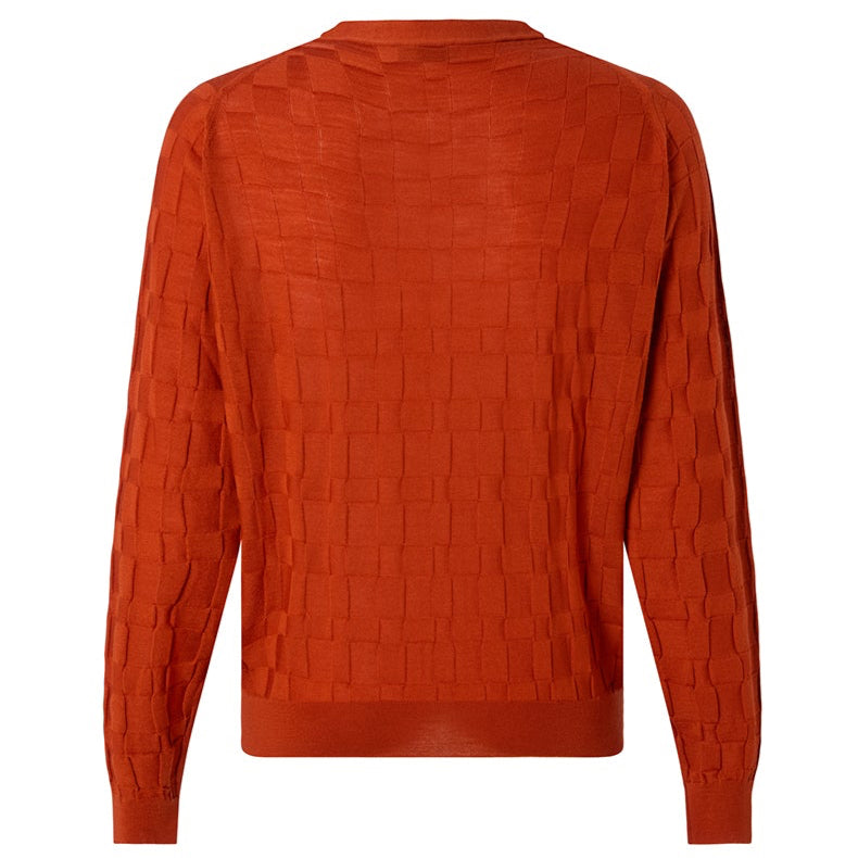 DAKS X JOHN SMEDLEY HOUSECHECK V NECK CARDIGAN - RED/ORANGE