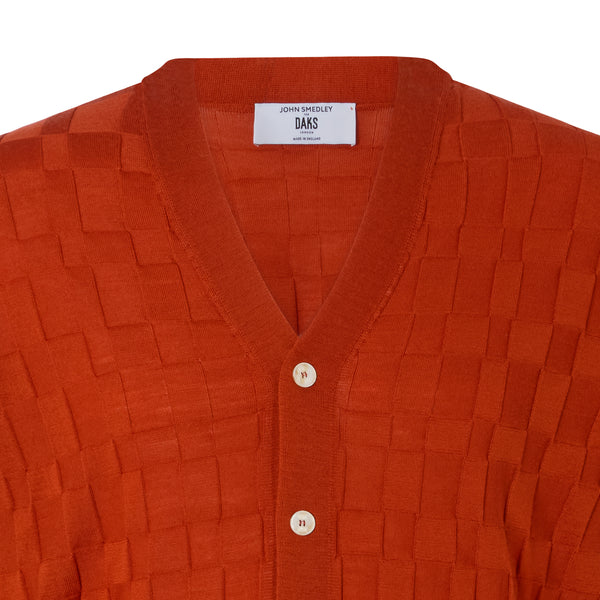 DAKS X JOHN SMEDLEY HOUSECHECK V NECK CARDIGAN - RED/ORANGE