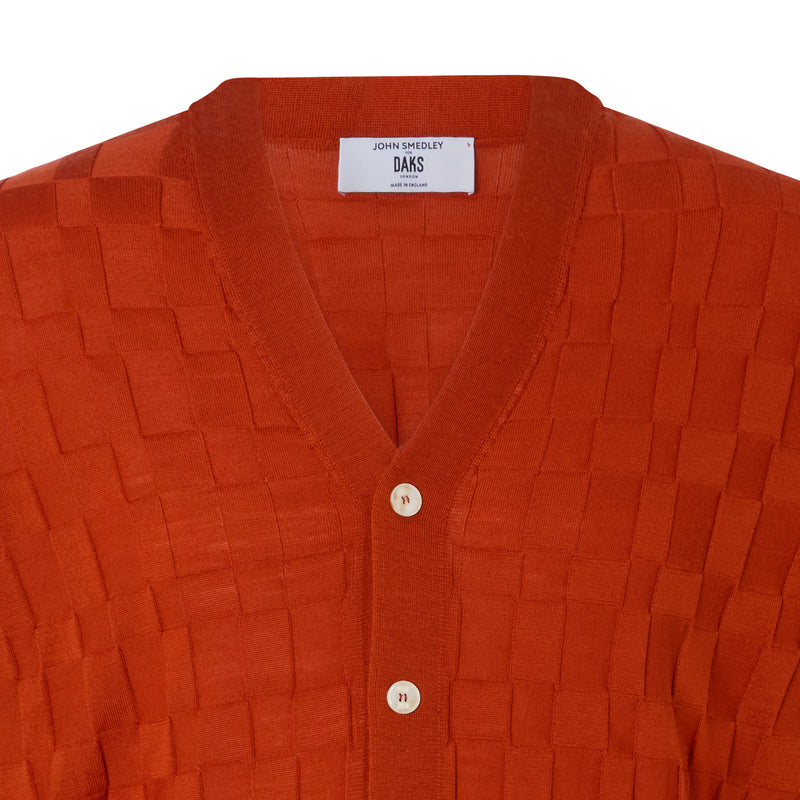 DAKS X JOHN SMEDLEY HOUSECHECK V NECK CARDIGAN - RED/ORANGE