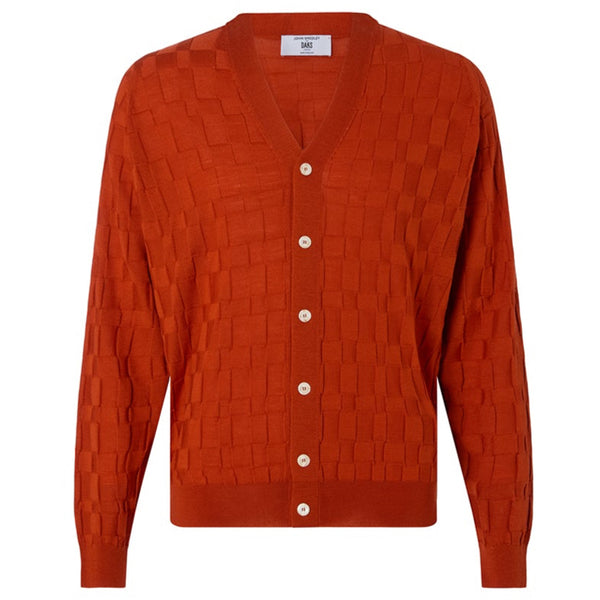 DAKS X JOHN SMEDLEY HOUSECHECK V NECK CARDIGAN - RED/ORANGE