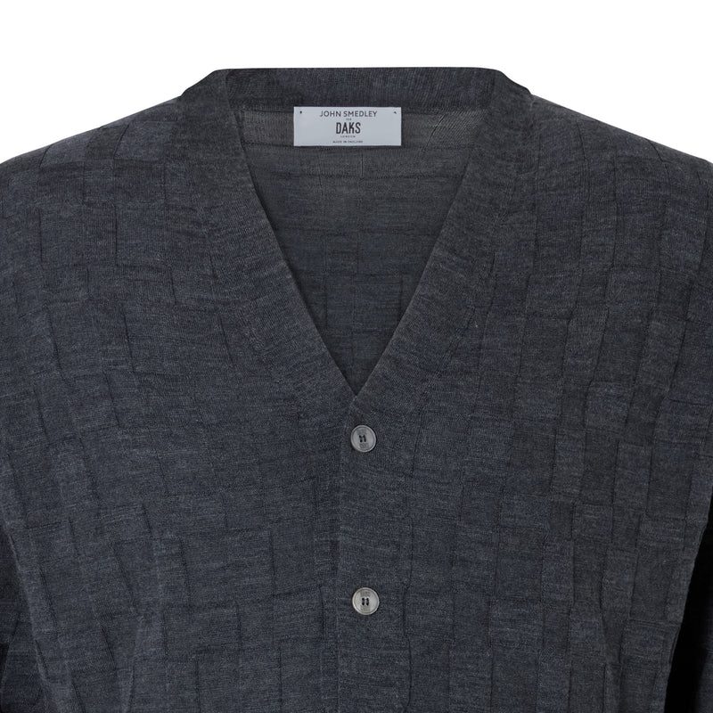 DAKS X JOHN SMEDLEY HOUSECHECK V NECK CARDIGAN - GREY