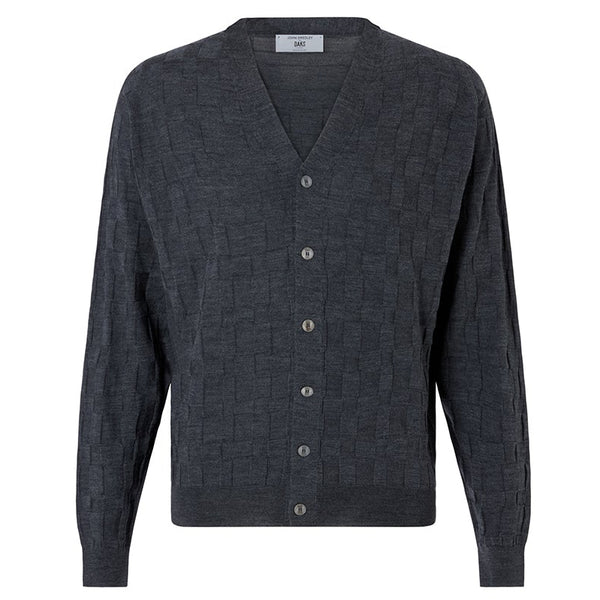 DAKS X JOHN SMEDLEY HOUSECHECK V NECK CARDIGAN - GREY