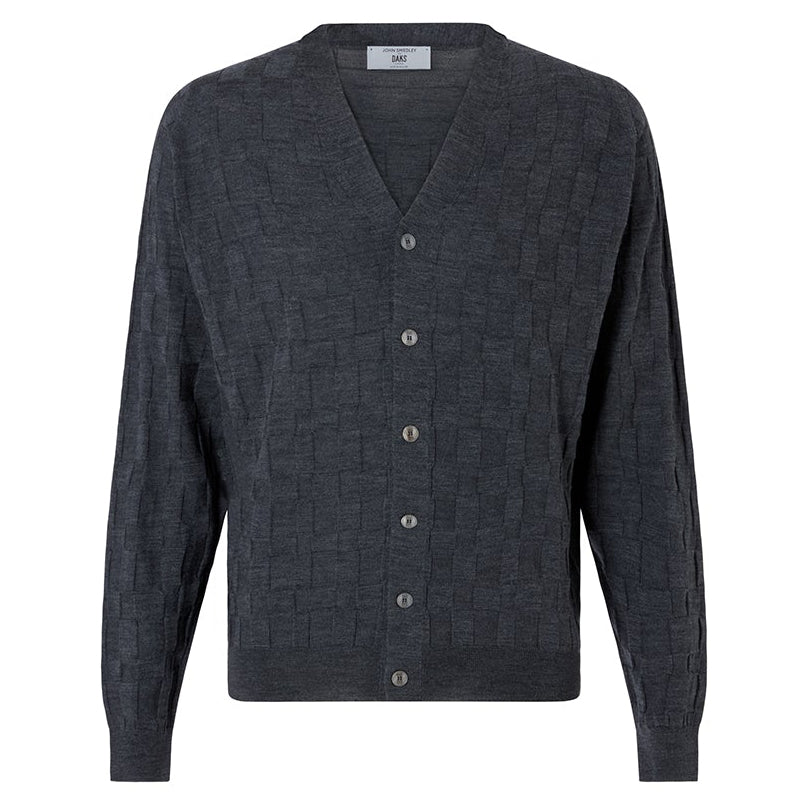 DAKS X JOHN SMEDLEY HOUSECHECK V NECK CARDIGAN - GREY