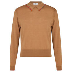 DAKS X JOHN SMEDLEY HOUSE STRIPE COLLARED L/S TOP -NUTMEG