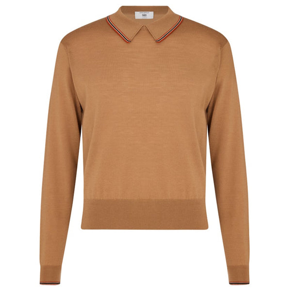 DAKS X JOHN SMEDLEY HOUSE STRIPE COLLARED L/S TOP -NUTMEG