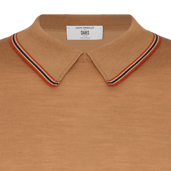 DAKS X JOHN SMEDLEY HOUSE STRIPE COLLARED L/S TOP -NUTMEG