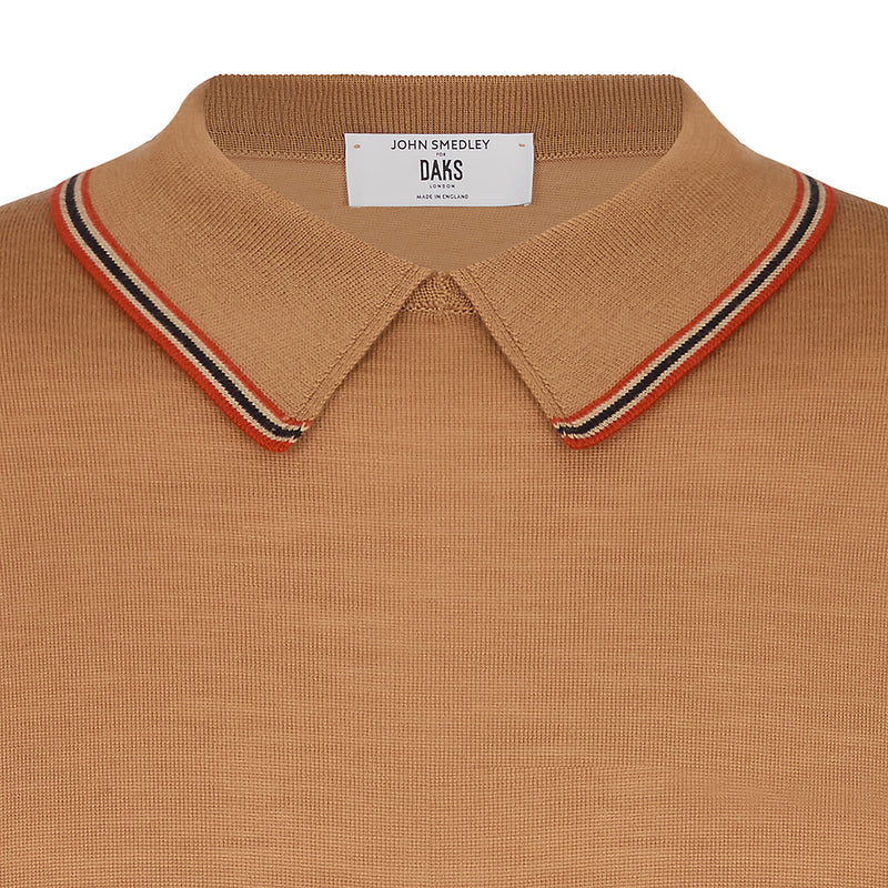 DAKS X JOHN SMEDLEY HOUSE STRIPE COLLARED L/S TOP -NUTMEG