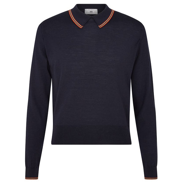 DAKS X JOHN SMEDLEY HOUSE STRIPE COLLARED L/S TOP - MIDNIGHT