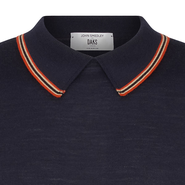 DAKS X JOHN SMEDLEY HOUSE STRIPE COLLARED L/S TOP - MIDNIGHT