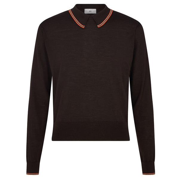 DAKS X JOHN SMEDLEY HOUSE STRIPE COLLARED L/S TOP - BROWN