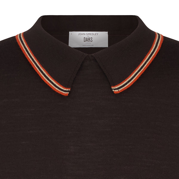 DAKS X JOHN SMEDLEY HOUSE STRIPE COLLARED L/S TOP - BROWN