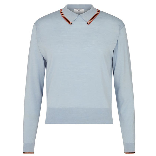 DAKS X JOHN SMEDLEY HOUSE STRIPE COLLARED L/S TOP - BLUE HAZE