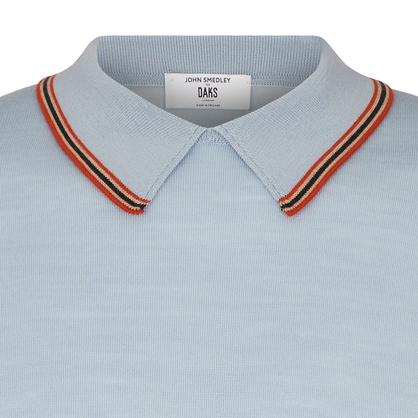 DAKS X JOHN SMEDLEY HOUSE STRIPE COLLARED L/S TOP - BLUE HAZE